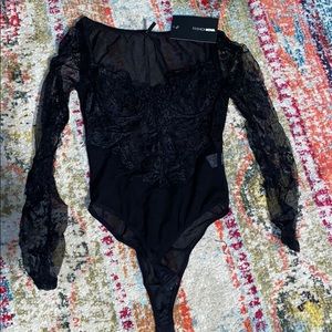 NWT Fashion Nova Black Lace Body Suit Long Sleeves